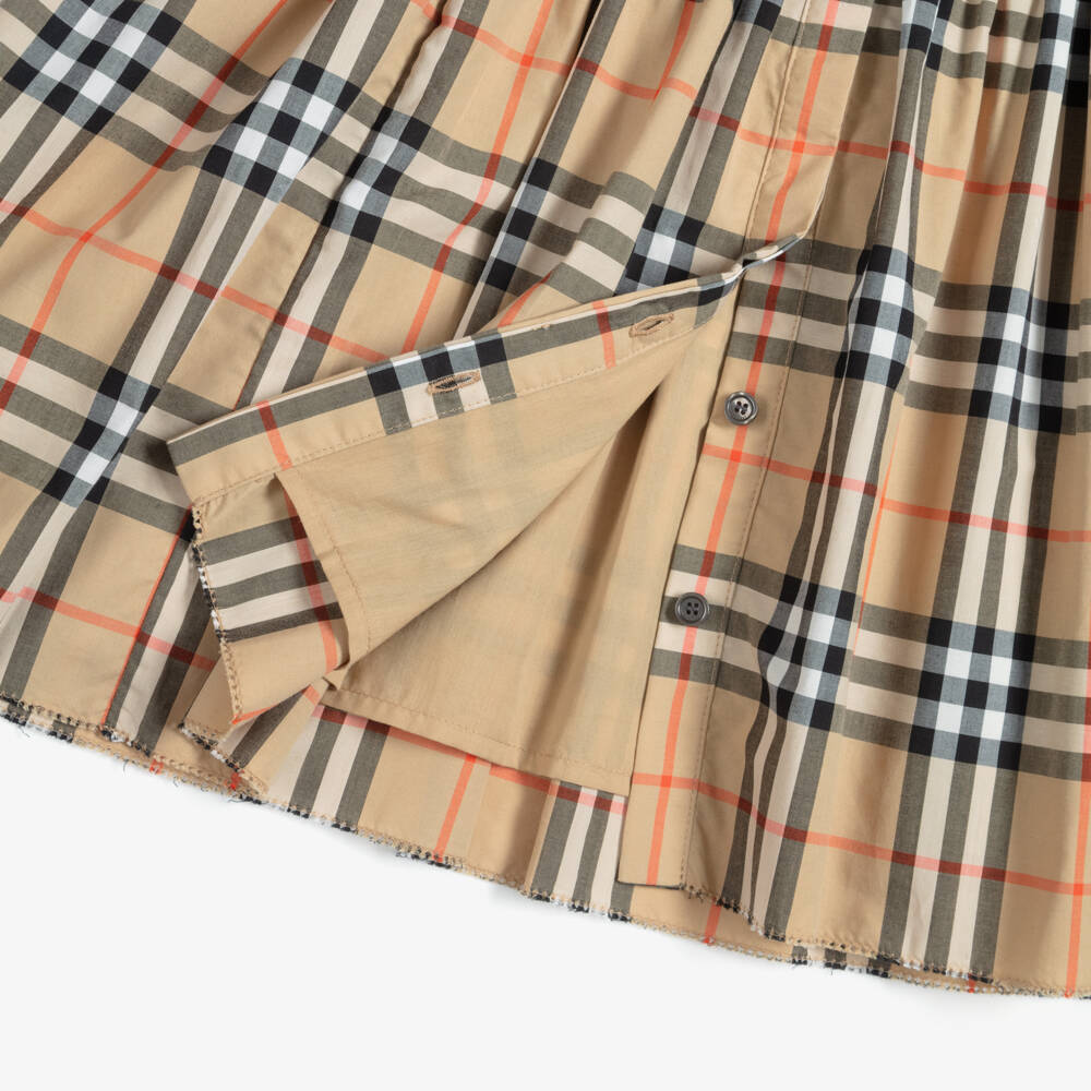Burberry-Girls Shirred Beige Check Cotton Shirt Dress | Childrensalon