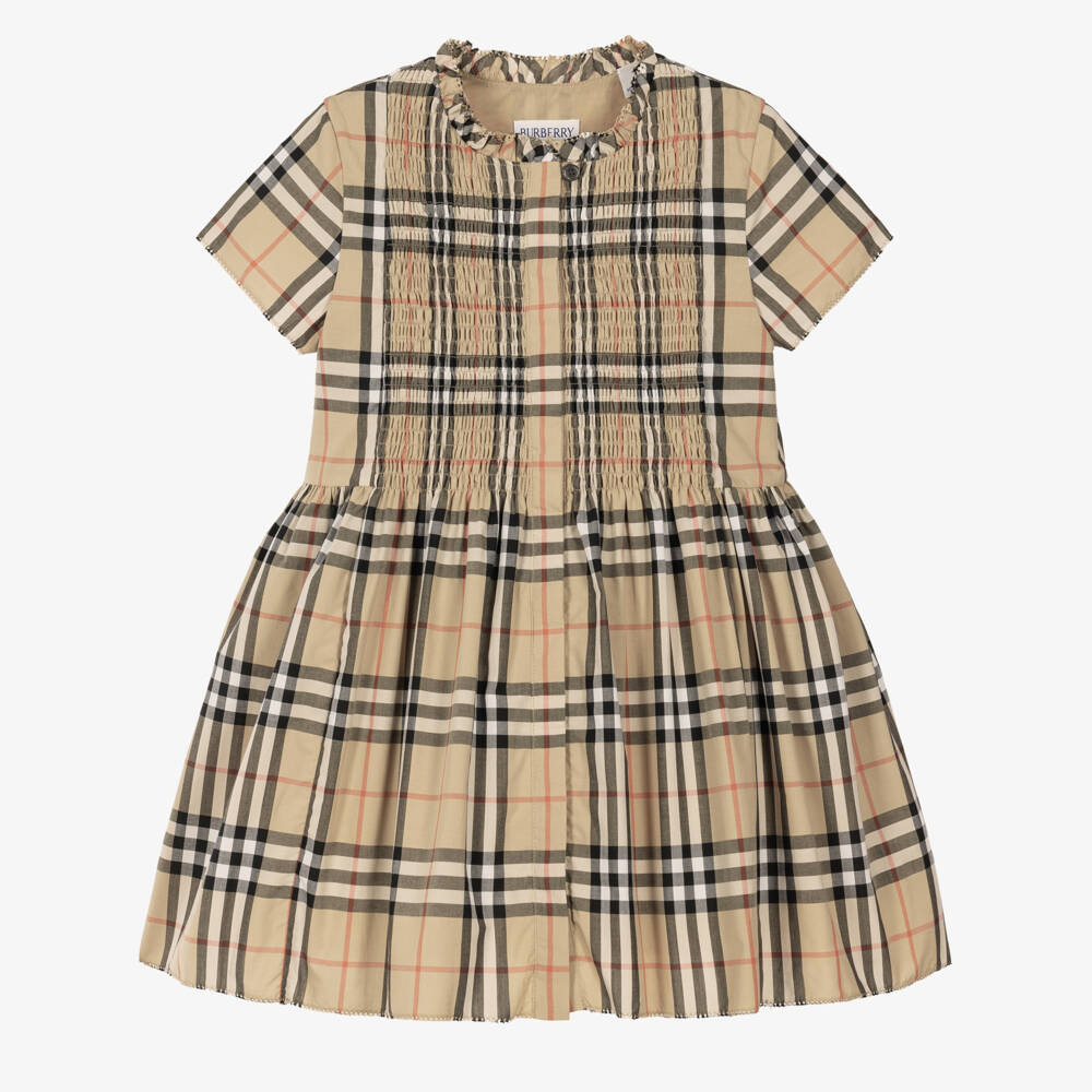Burberry-Girls Shirred Beige Check Cotton Shirt Dress | Childrensalon