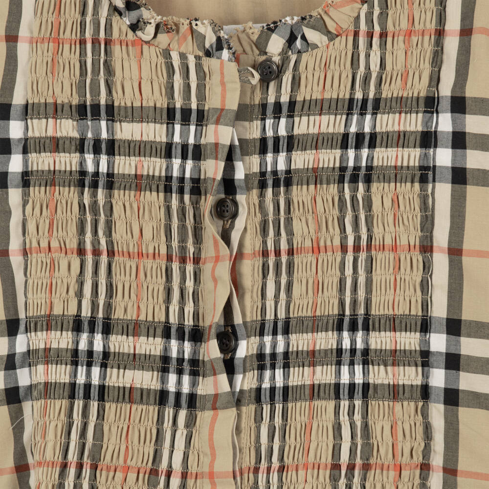 Burberry-Girls Shirred Beige Check Cotton Shirt Dress | Childrensalon
