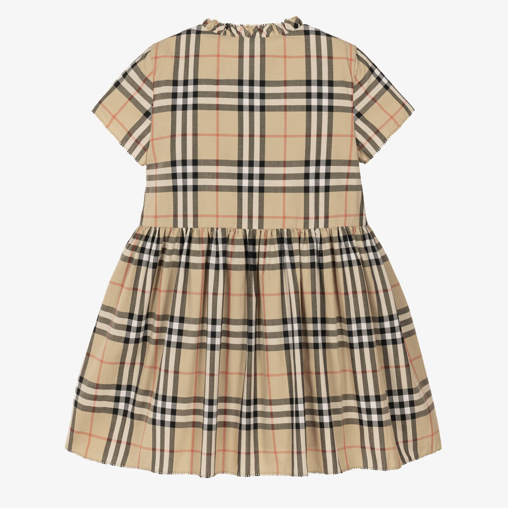 Burberry-Girls Shirred Beige Check Cotton Shirt Dress | Childrensalon