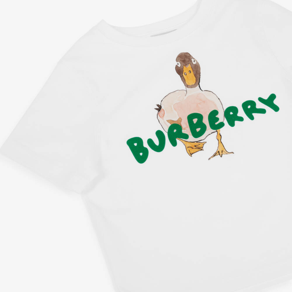 Burberry-Girls White Cotton Duck & Flocked Logo T-Shirt | Childrensalon