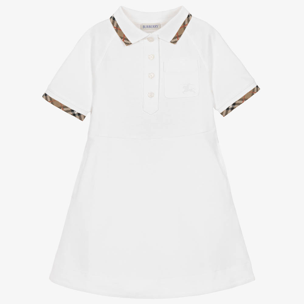 Burberry-Girls White Cotton Piqué Polo Dress | Childrensalon