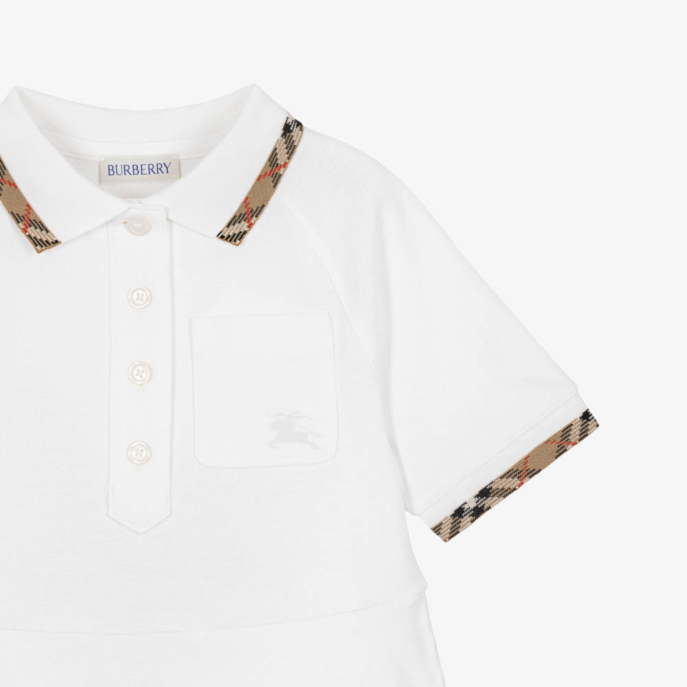 Burberry-Girls White Cotton Piqué Polo Dress | Childrensalon