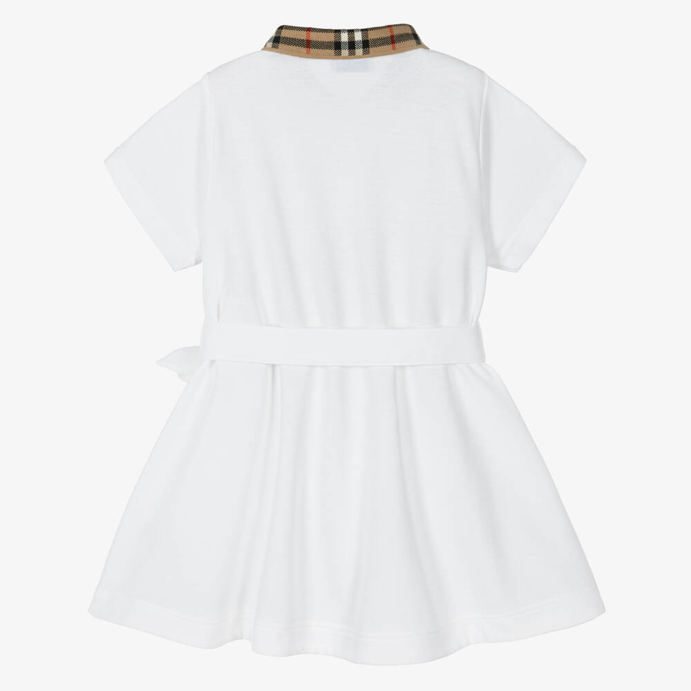 Burberry-Girls White Cotton Polo Dress With Check Collar | Childrensalon