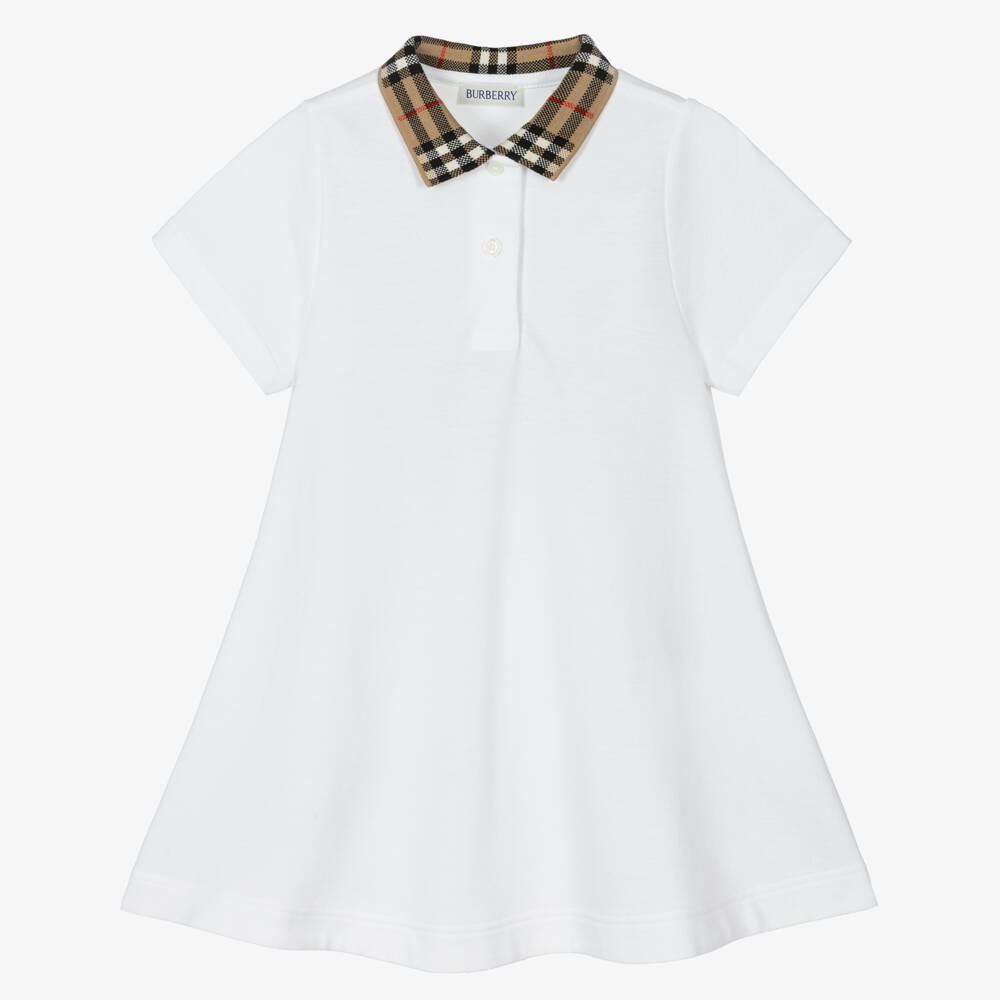 Burberry-Girls White Cotton Polo Dress With Check Collar | Childrensalon