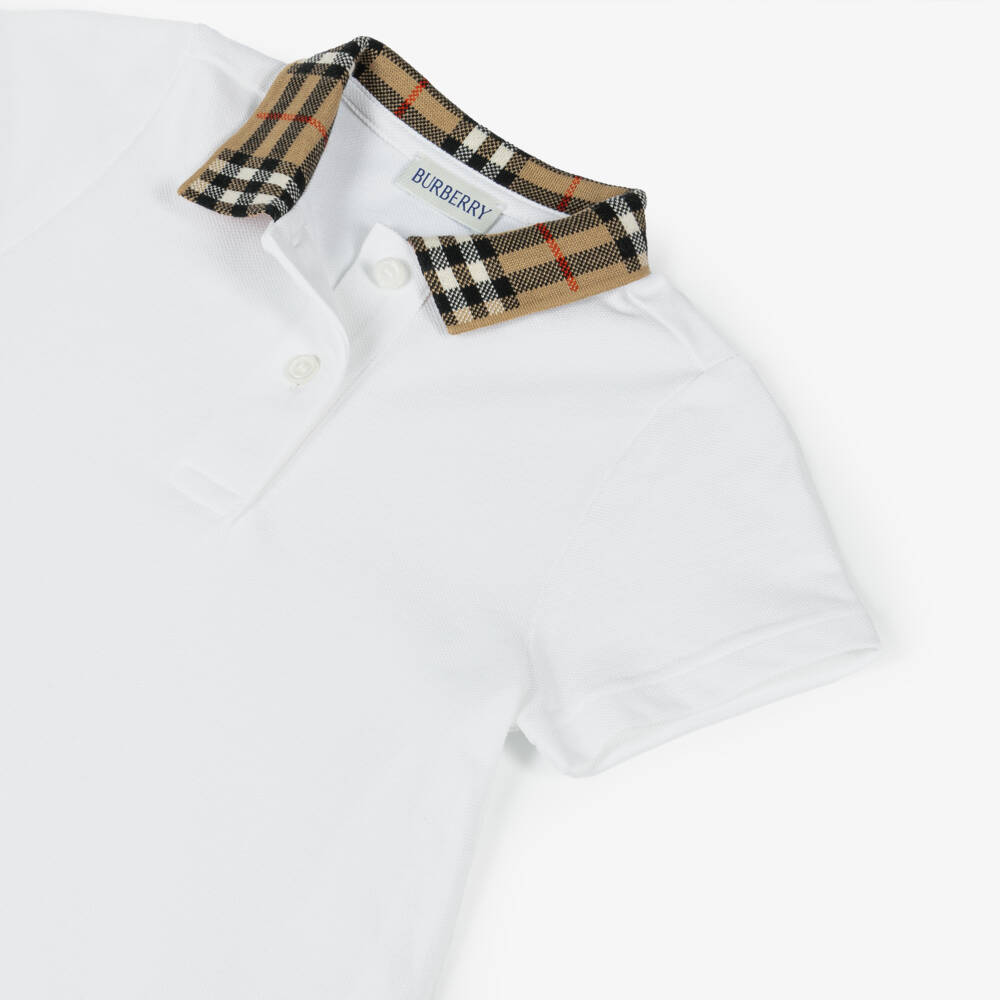 Burberry-Girls White Cotton Polo Dress With Check Collar | Childrensalon