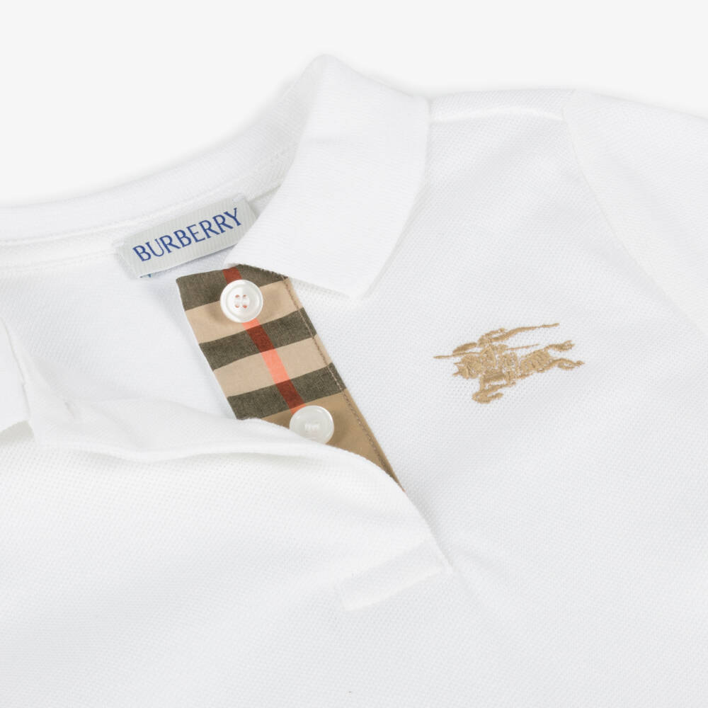 Burberry-Girls White Cotton Polo Dress With EKD | Childrensalon
