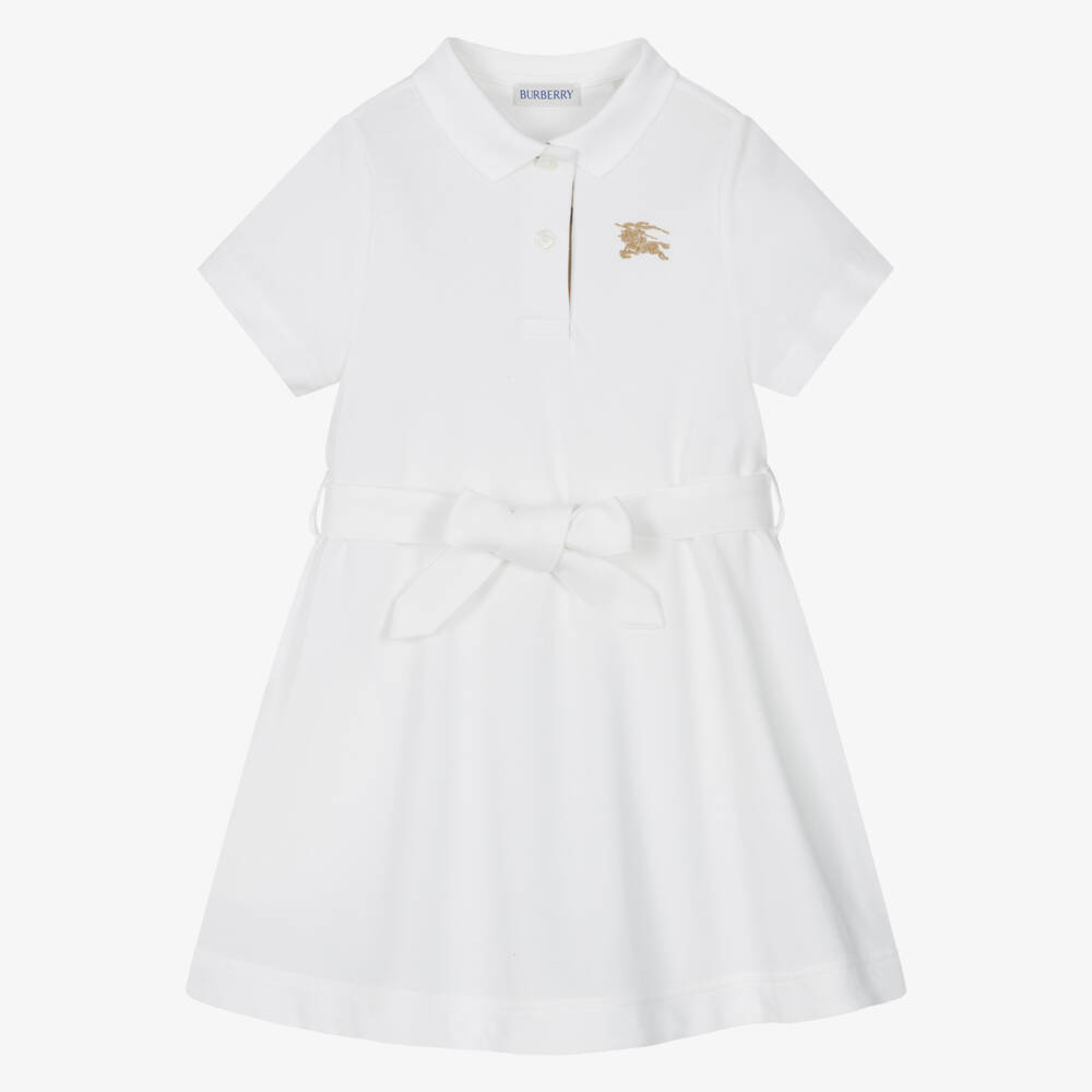 Burberry-Girls White Cotton Polo Dress With EKD | Childrensalon