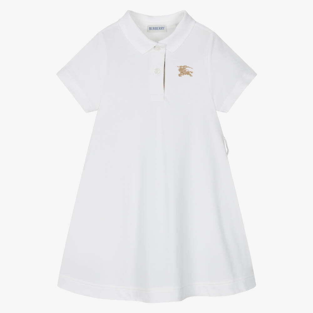 Burberry-Girls White Cotton Polo Dress With EKD | Childrensalon