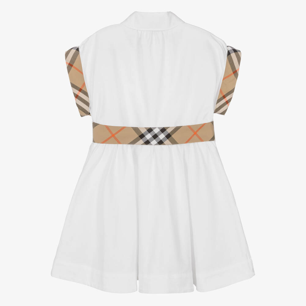 Burberry-فستان قطن بتصميم قميص وتفاصيل كاروهات لون أببيض للبنات | Childrensalon
