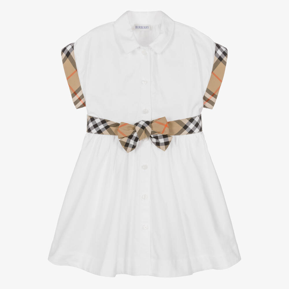 Burberry-Girls White Cotton Shirt Dress with Check Trims | Childrensalon