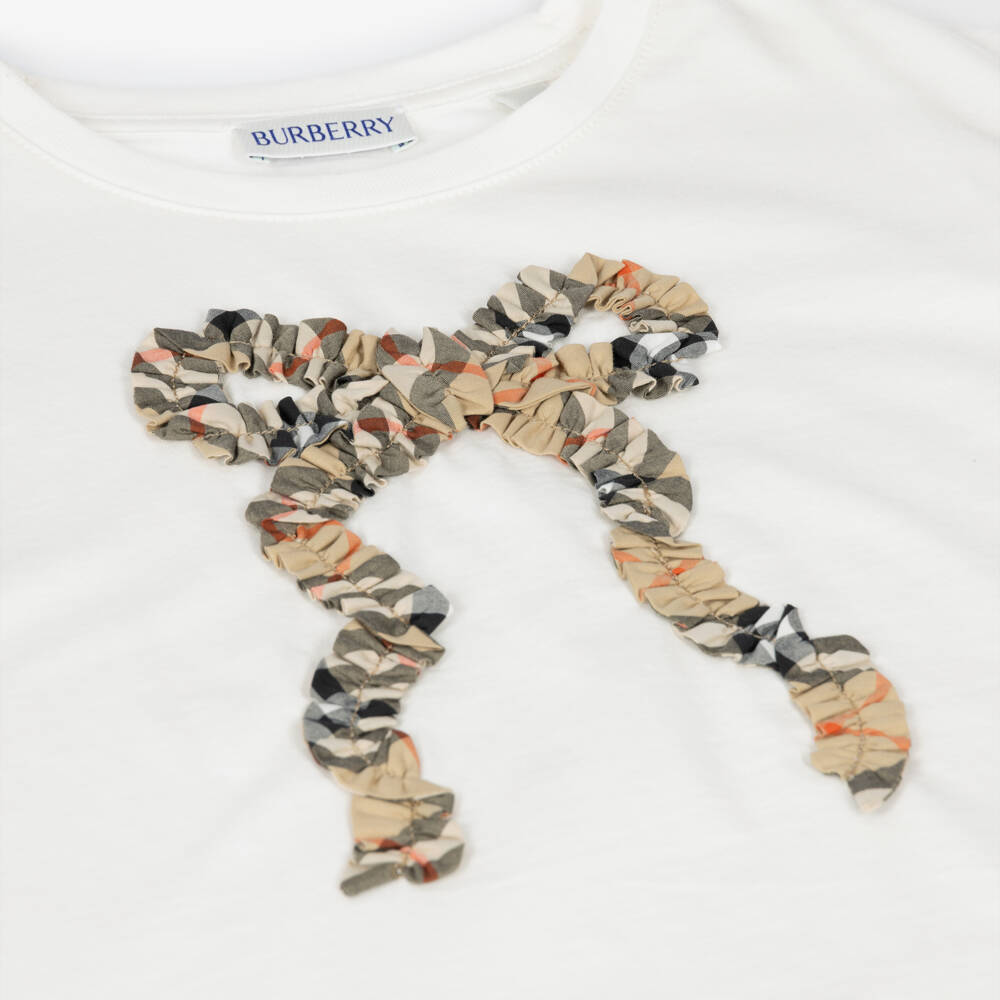 Burberry-Girls White Cotton T-Shirt with Burberry Check Bow | Childrensalon