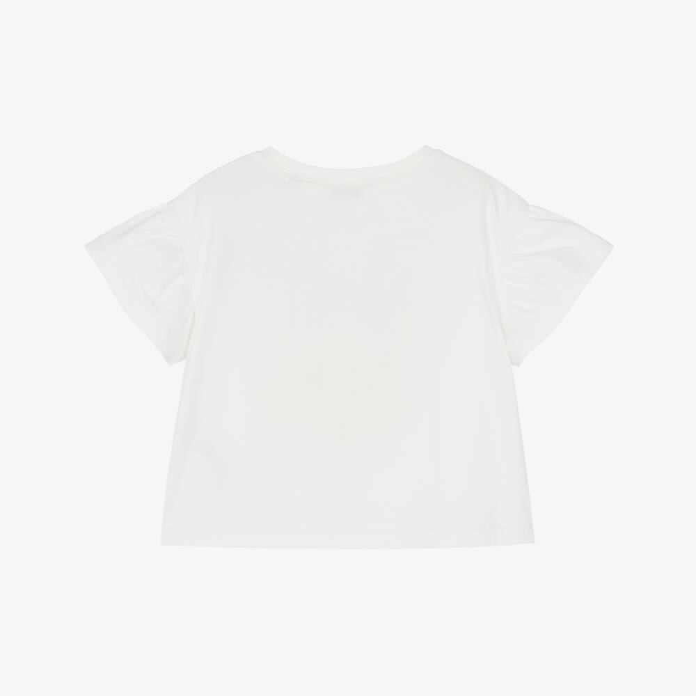 Burberry-Girls White Cotton T-Shirt with Burberry Check Bow | Childrensalon