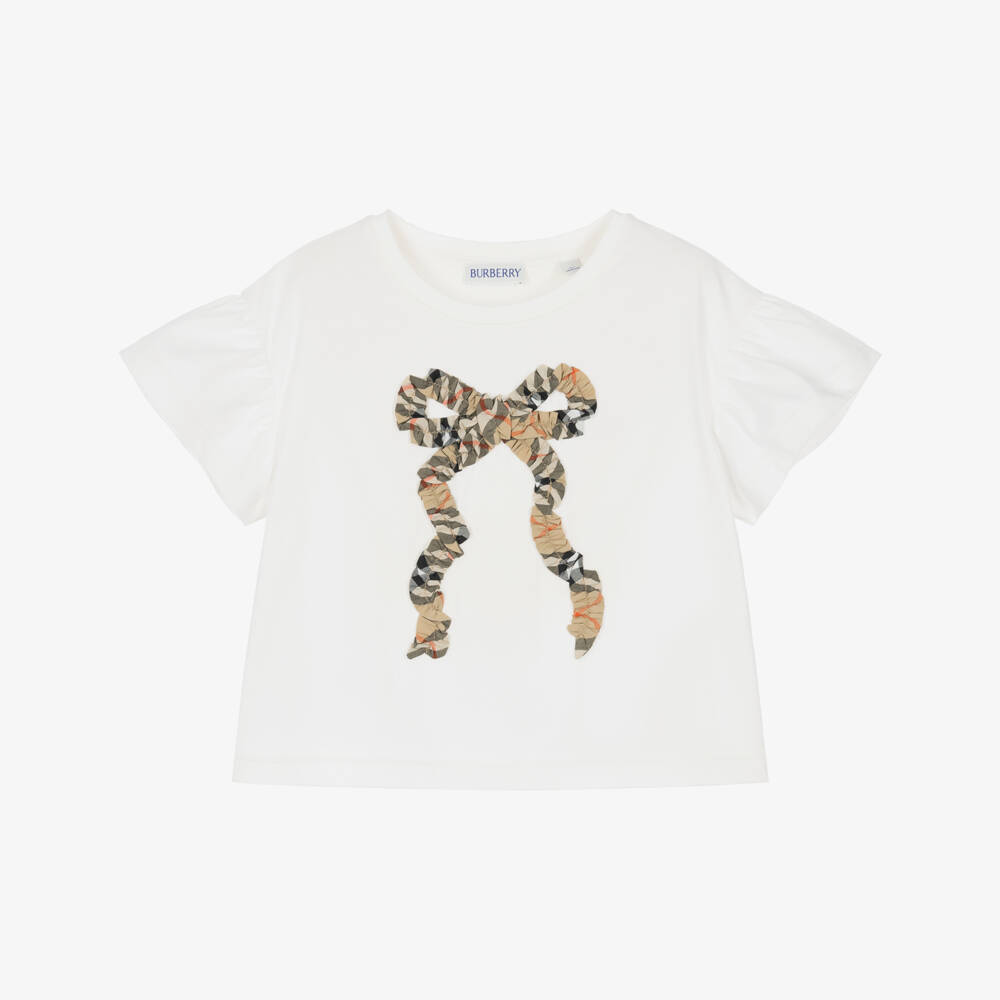 Burberry-Girls White Cotton T-Shirt with Burberry Check Bow | Childrensalon