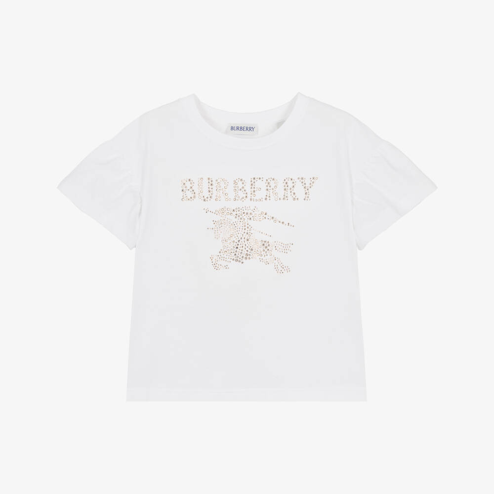 Burberry-Girls White Cotton T-Shirt with Diamanté EKD Logo | Childrensalon