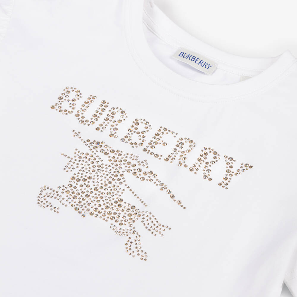 Burberry-Girls White Cotton T-Shirt with Diamanté EKD Logo | Childrensalon