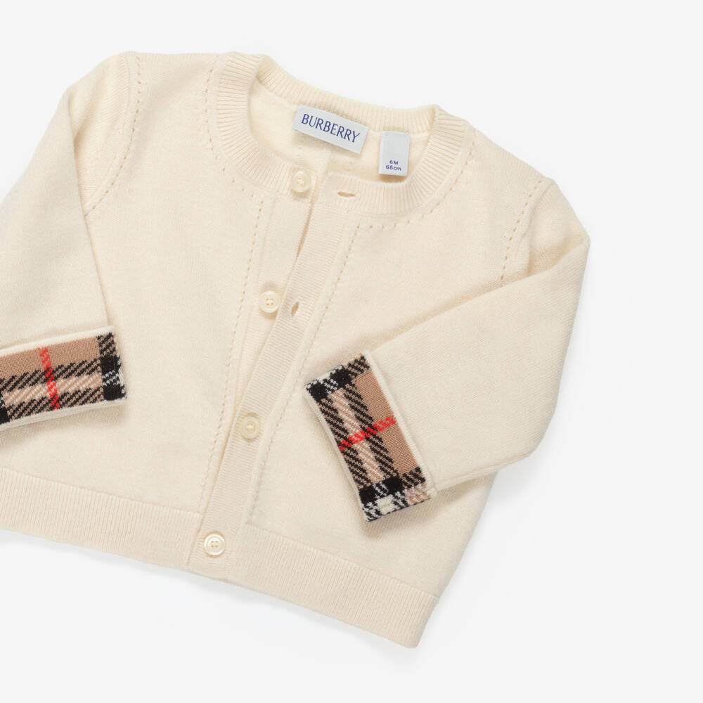 Burberry-Ivory Cashmere Baby Trouser Set with Burberry Check Trim | Childrensalon