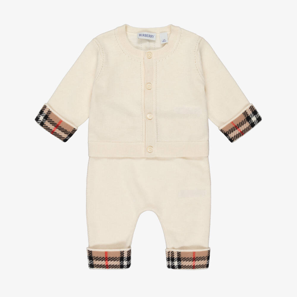 Burberry-Ivory Cashmere Baby Trouser Set with Burberry Check Trim | Childrensalon