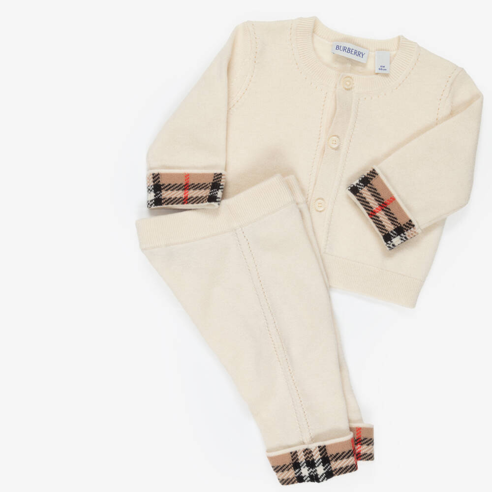 Burberry-Ivory Cashmere Baby Trouser Set with Burberry Check Trim | Childrensalon