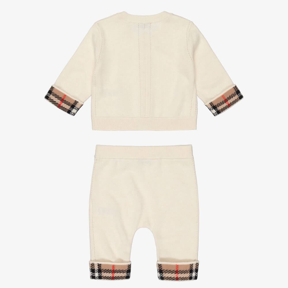 Burberry-Ivory Cashmere Baby Trouser Set with Burberry Check Trim | Childrensalon
