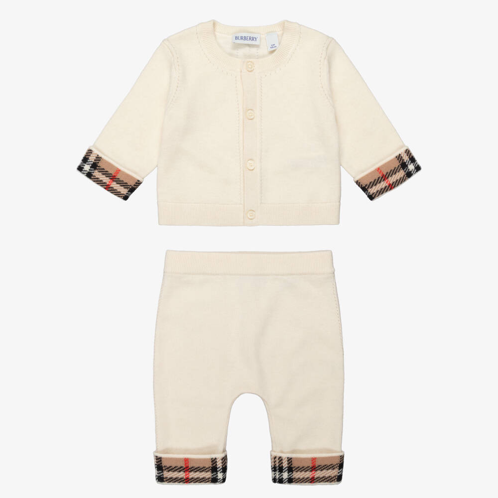 Burberry-Ivory Cashmere Baby Trouser Set with Burberry Check Trim | Childrensalon