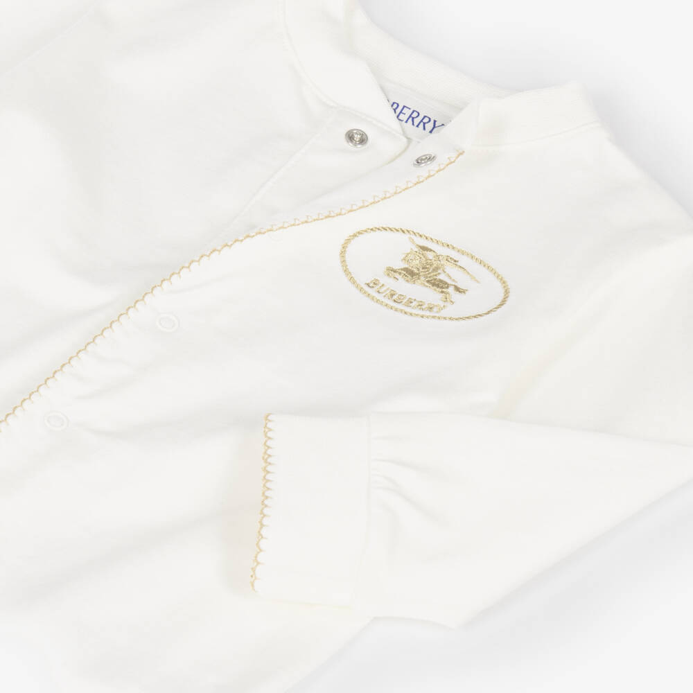 Burberry-Ivory Cotton Jersey Romper with Knight Stamp | Childrensalon