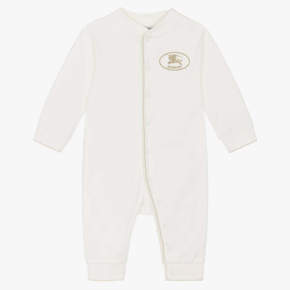 Burberry-Ivory Cotton Jersey Romper with Knight Stamp | Childrensalon