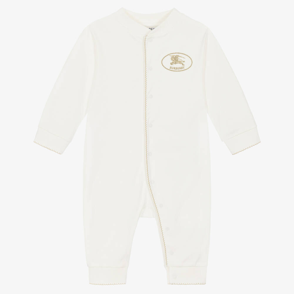 Burberry-Ivory Cotton Jersey Romper with Knight Stamp | Childrensalon