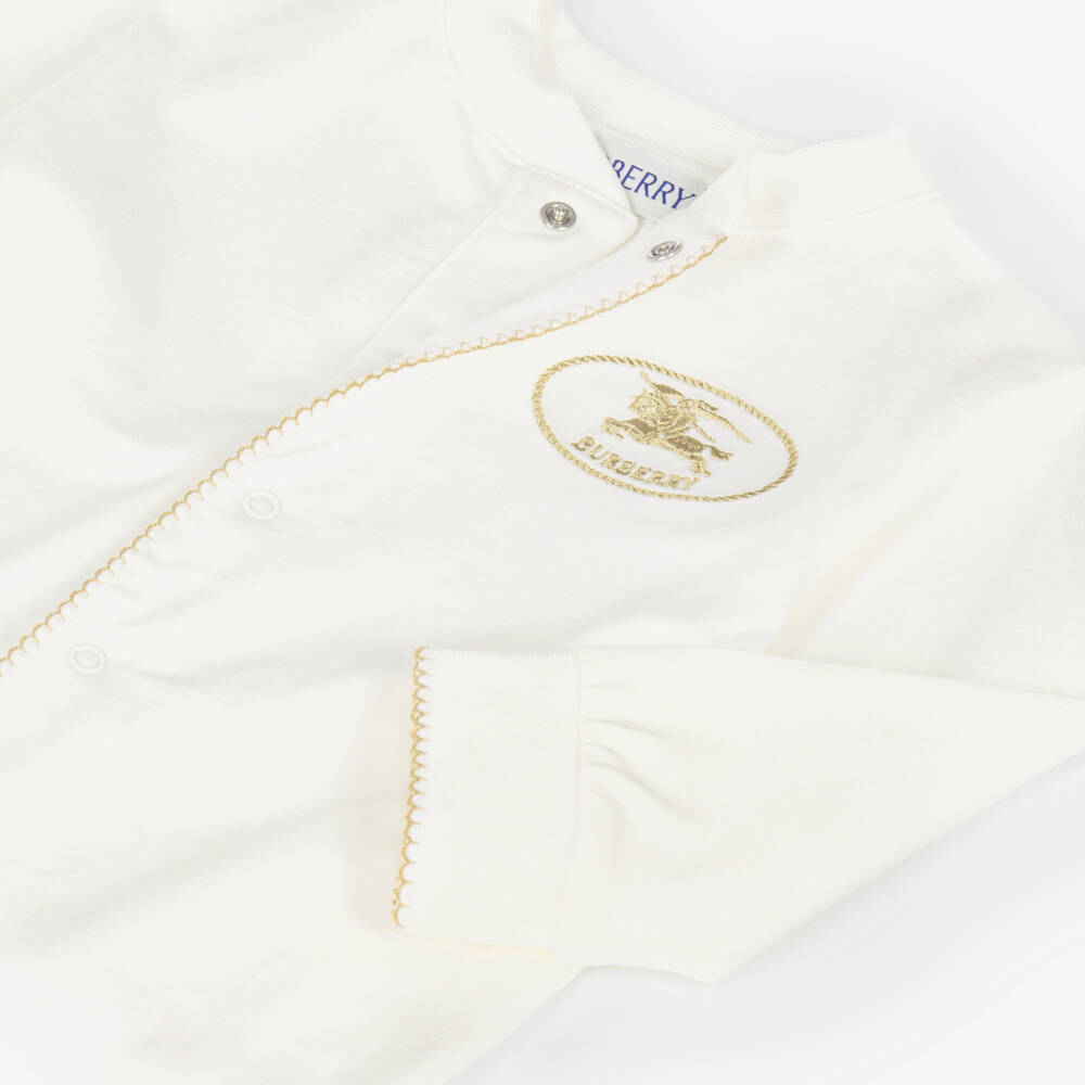Burberry-Ivory Cotton Jersey Romper with Knight Stamp | Childrensalon