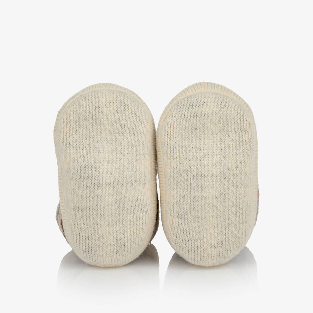 Burberry-Knitted Quinton Booties in Sand Beige Check | Childrensalon