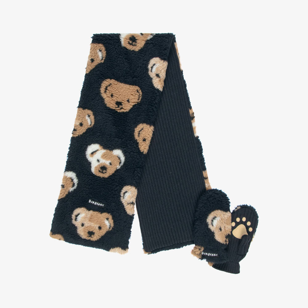 Burberry-Navy Blue Thomas Bear Fleece Mittens & Scarf Set | Childrensalon