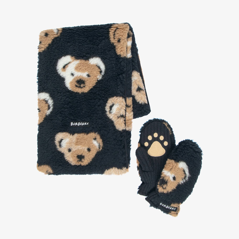 Burberry-Navy Blue Thomas Bear Fleece Mittens & Scarf Set | Childrensalon
