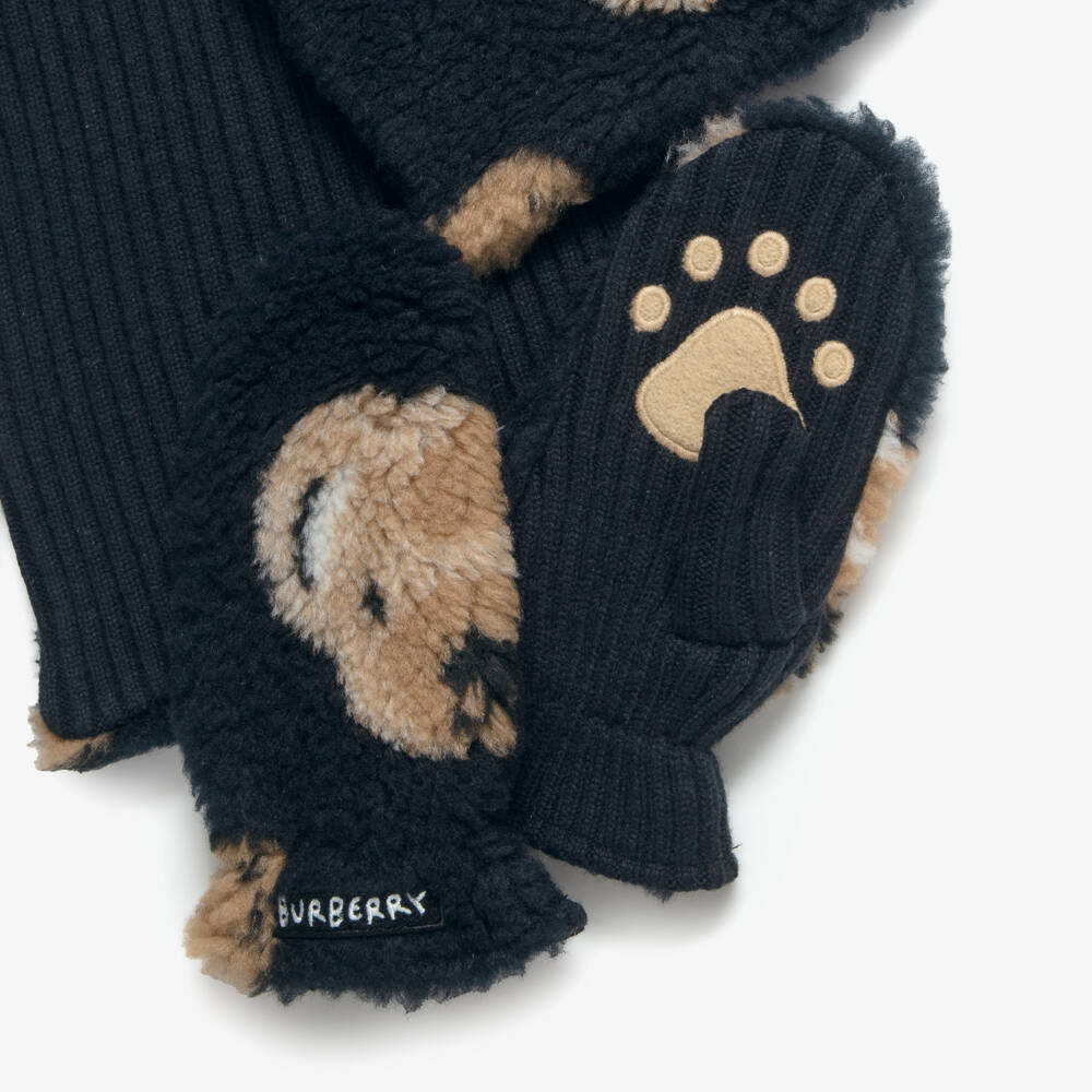 Burberry-Navy Blue Thomas Bear Fleece Mittens & Scarf Set | Childrensalon