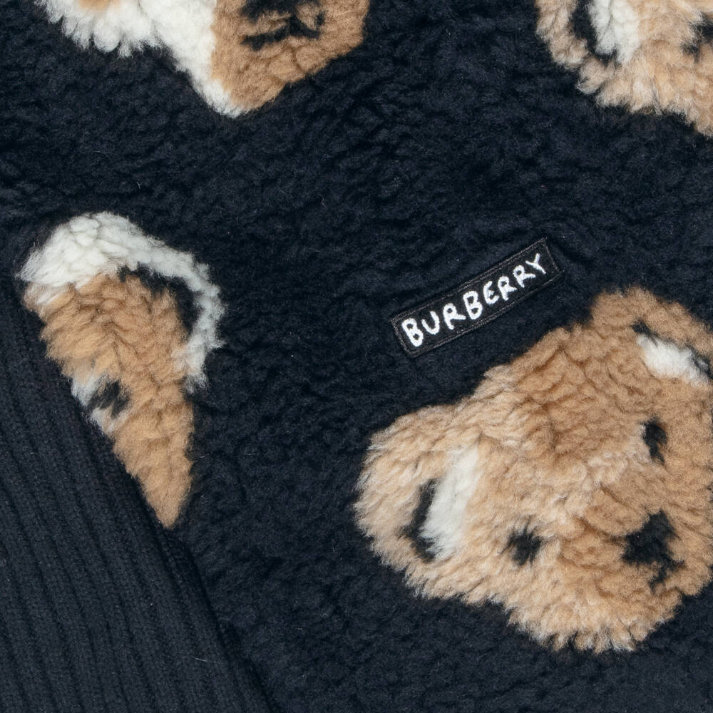Burberry-Navy Blue Thomas Bear Fleece Mittens & Scarf Set | Childrensalon