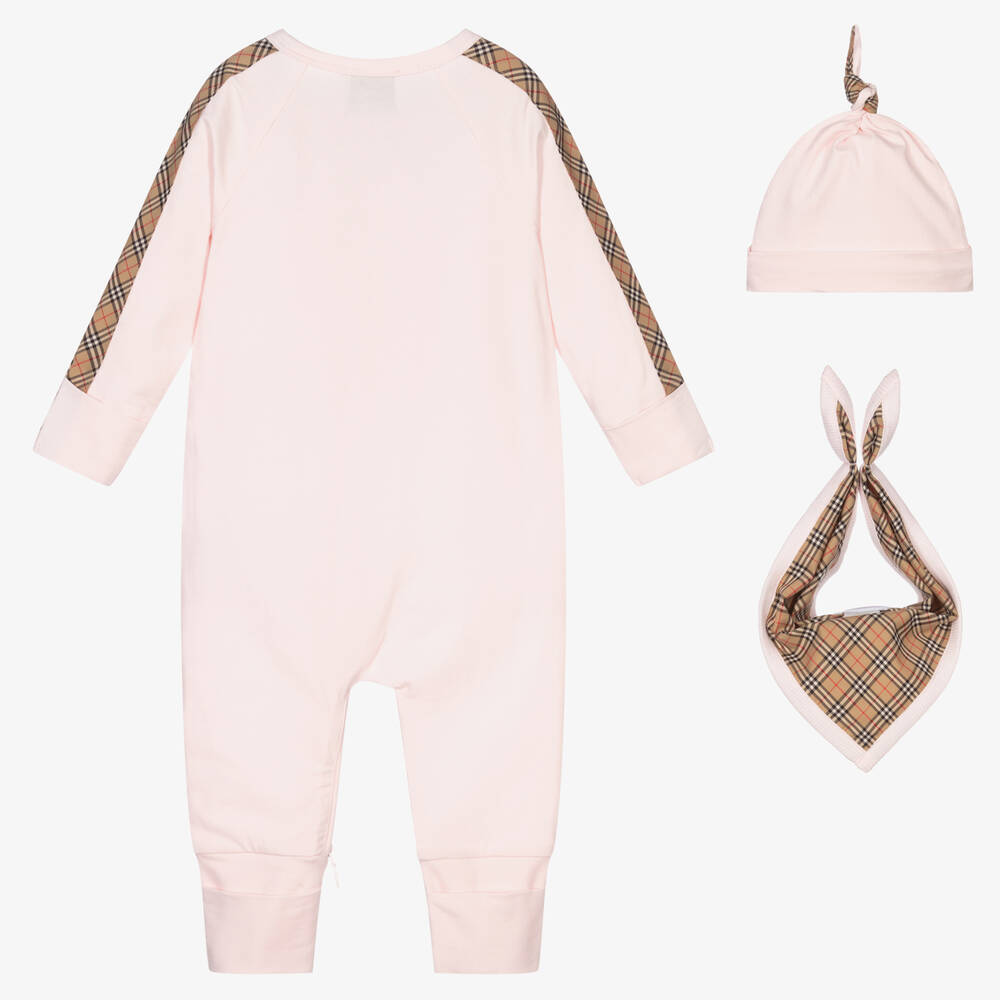Burberry-Pink 3 Piece Romper Gift Set | Childrensalon