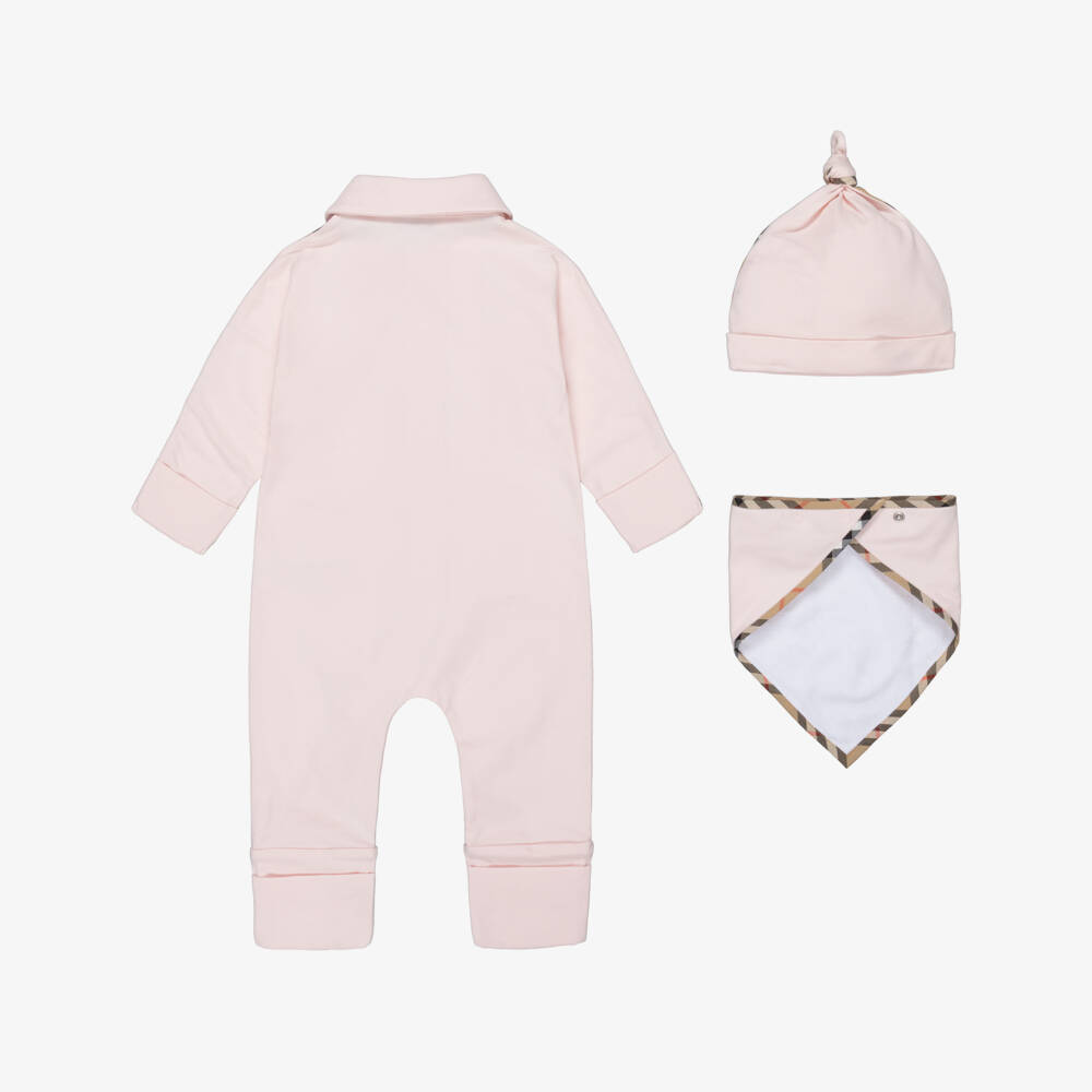 Burberry-Pink Cotton Babysuit Gift Set with Burberry Check Trim | Childrensalon