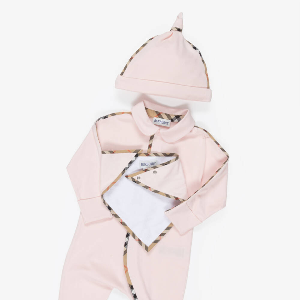 Burberry-Pink Cotton Babysuit Gift Set with Burberry Check Trim | Childrensalon