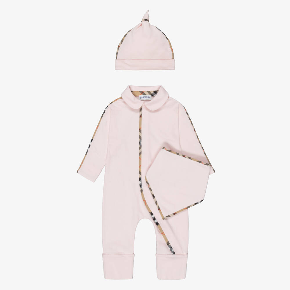 Burberry-Pink Cotton Babysuit Gift Set with Burberry Check Trim | Childrensalon