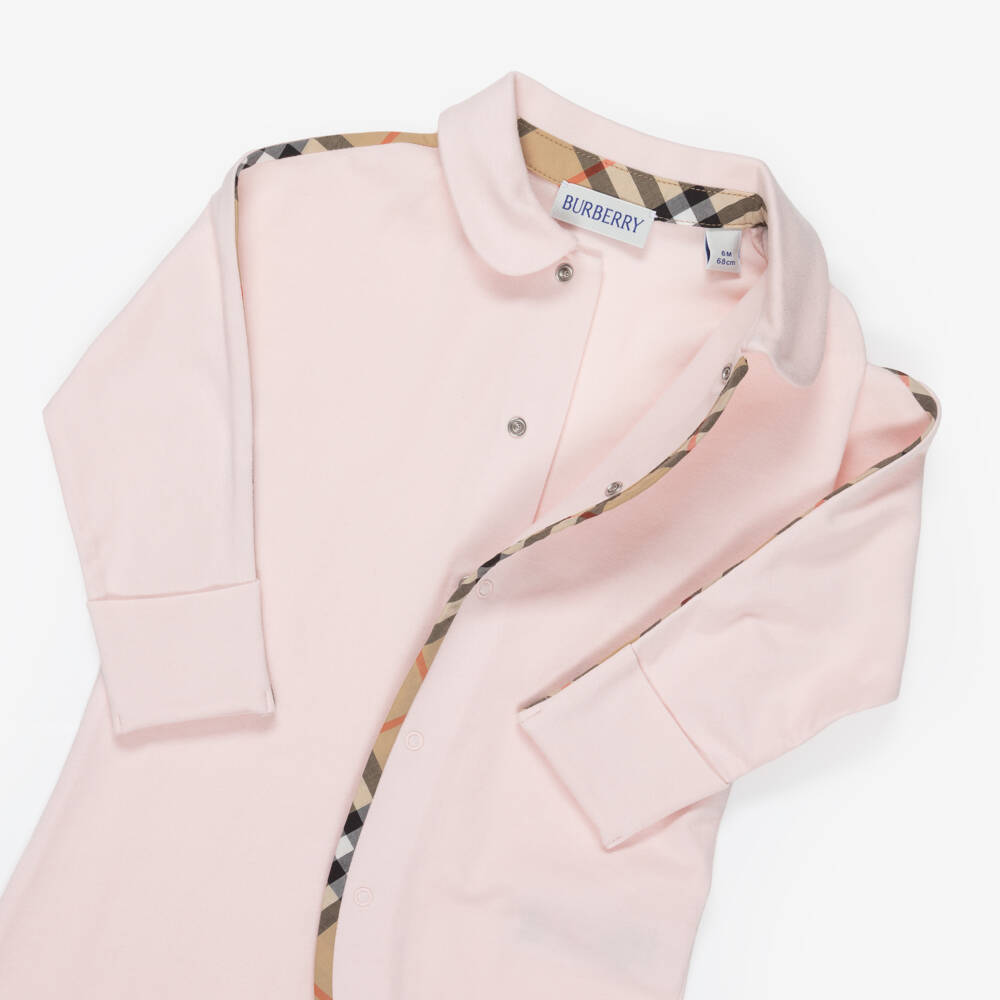 Burberry-Pink Cotton Babysuit Gift Set with Burberry Check Trim | Childrensalon