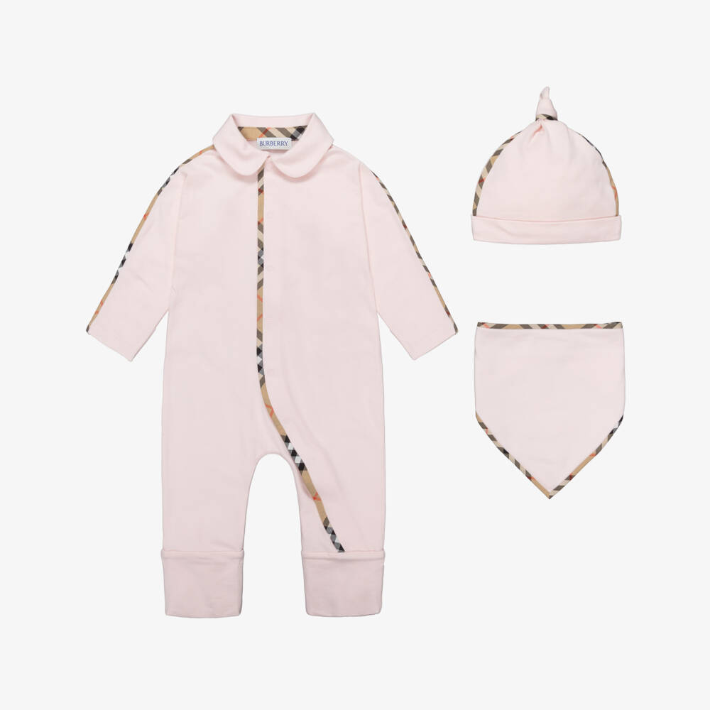 Burberry-Pink Cotton Babysuit Gift Set with Burberry Check Trim | Childrensalon