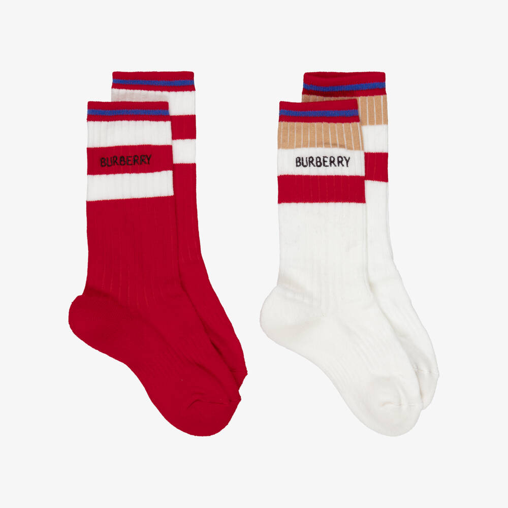 Burberry-Red & White Striped Knitted Ankle Socks (2 Pack) | Childrensalon