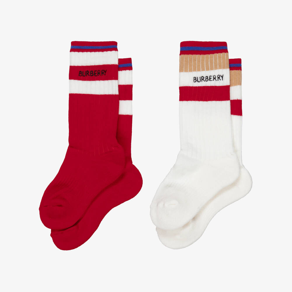 Burberry-Red & White Striped Knitted Ankle Socks (2 Pack) | Childrensalon