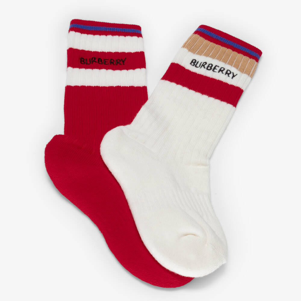 Burberry-Red & White Striped Knitted Ankle Socks (2 Pack) | Childrensalon