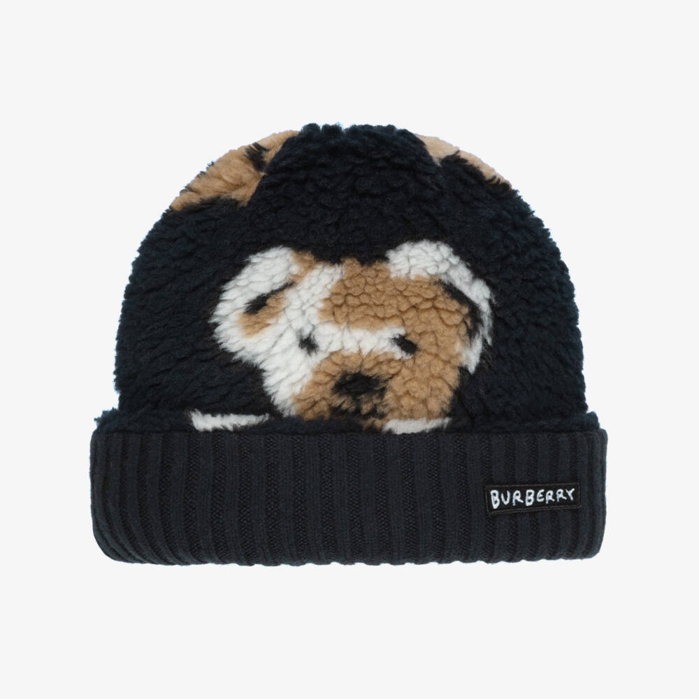 Burberry-Reversible Thomas Bear Fleece Hat in Navy Blue | Childrensalon