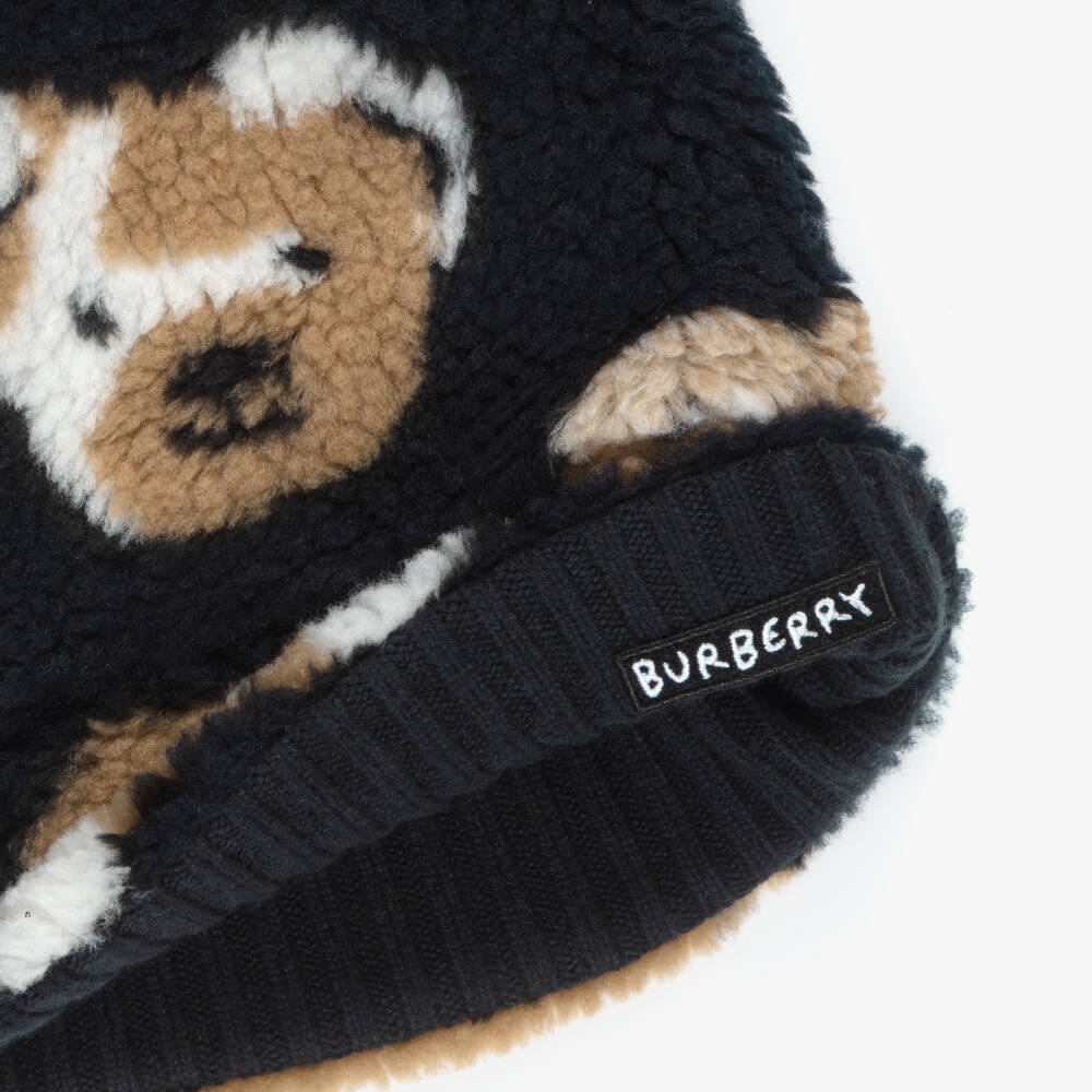 Burberry-Reversible Thomas Bear Fleece Hat in Navy Blue | Childrensalon