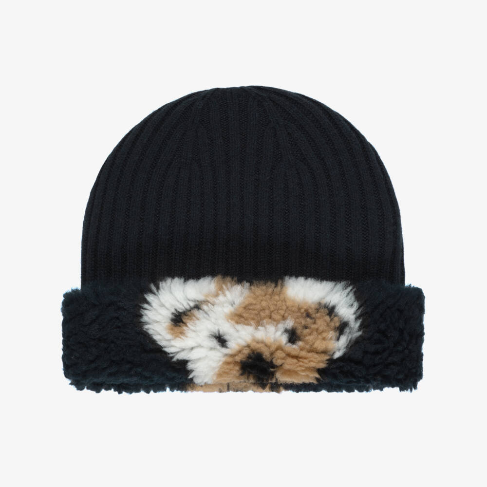 Burberry-Reversible Thomas Bear Fleece Hat in Navy Blue | Childrensalon