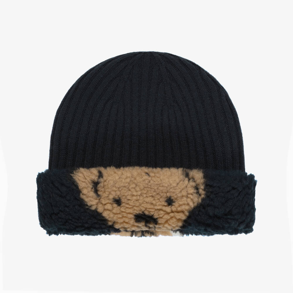 Burberry-Reversible Thomas Bear Fleece Hat in Navy Blue | Childrensalon