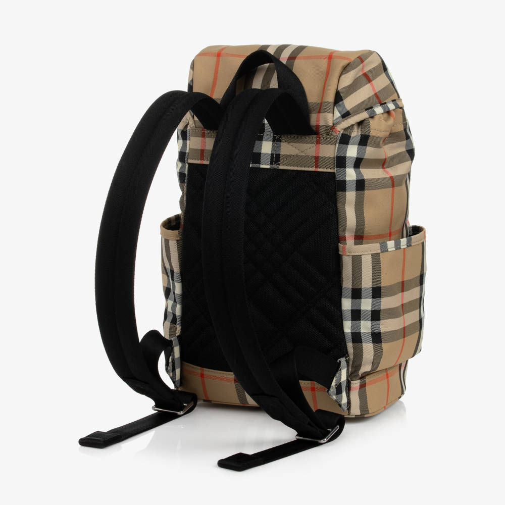 Burberry-Sand Beige Check Backpack (31cm) | Childrensalon