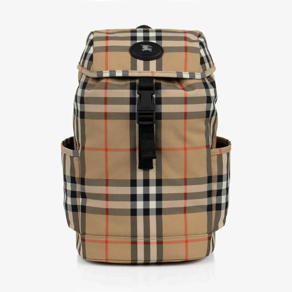Burberry-Sand Beige Check Backpack (31cm) | Childrensalon