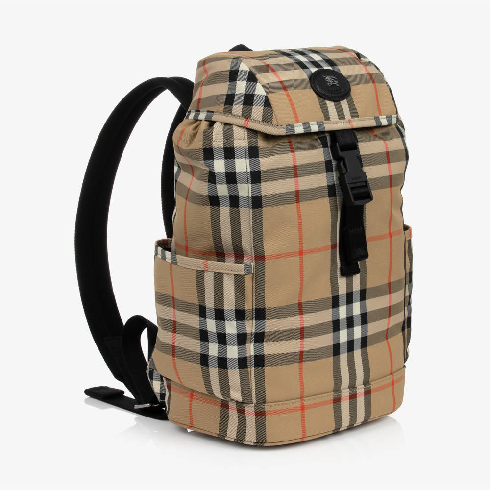Burberry-Sand Beige Check Backpack (31cm) | Childrensalon